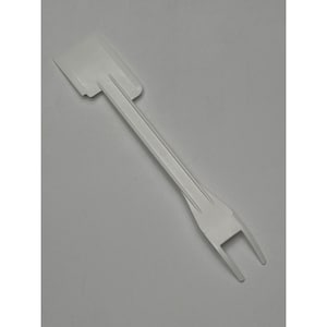 May include: A white plastic price tag holder with a rectangular top and a long, thin stem. The stem tapers to a forked end. The holder is designed to display price tags or labels in a retail setting.
