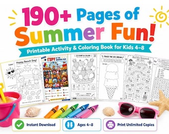 Summer Activity Book for Kids 4-8 – 190+Printable Pages (Digital Download)