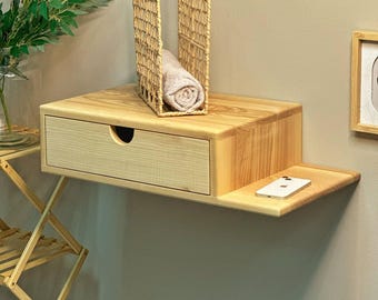 Mesita de noche flotante con cajón y estante – Mesita de noche de pared de madera maciza de fresno – Muebles de dormitorio modernos y minimalistas – Medidas personalizadas