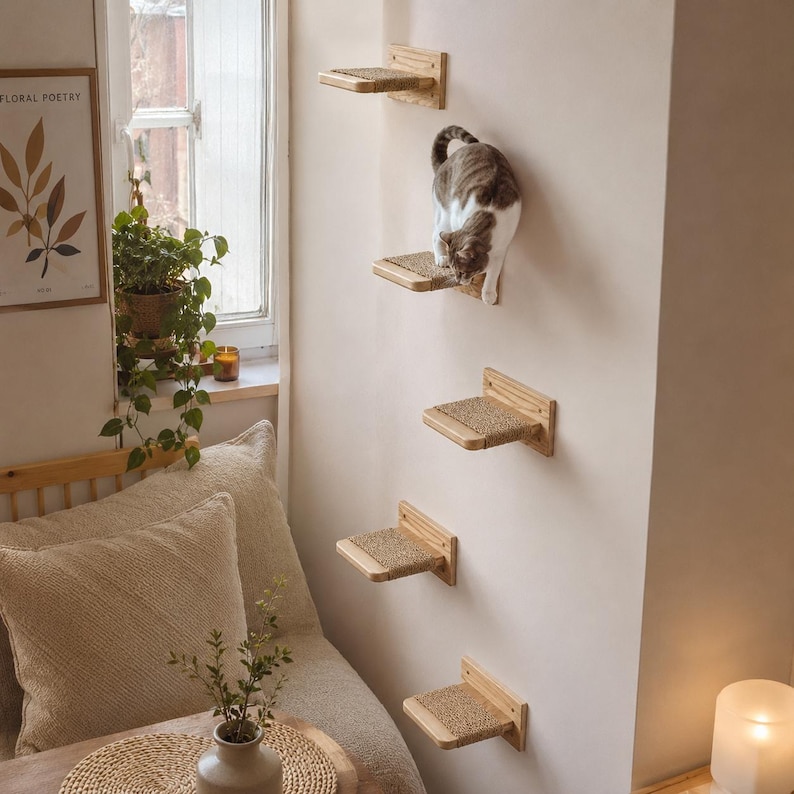 May include: A cat climbing on a set of wooden cat shelves mounted on a light pink wall. The shelves have a woven surface. The cat is brown and white. The room has a window, plants, and a bed.