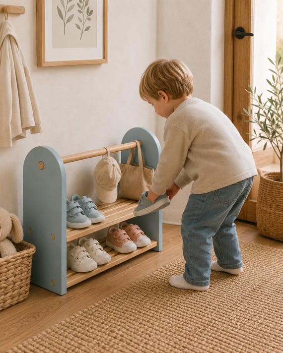 Montessori Schuhregal für Kinder, Holzkinderschuhregal, Kleinkind-Entryway-Organisator, Pastell-Kinderzimmermöbel, Kinderzimmerlagerung