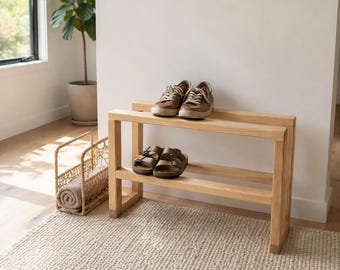 Narrow Shoe Rack for Entryway, Solid Ash Wood Shelf for Small Spaces