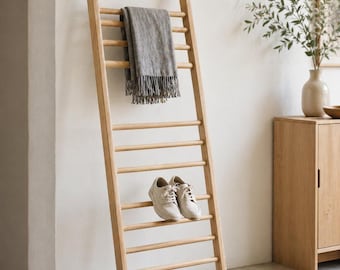 Wooden Blanket Ladder, Solid Wood Leaning Ladder for Throws and Towels