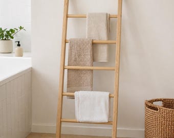 Wood Towel Ladder for Bathroom, Solid Ash Rack, Scandinavian Holder