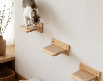 Cat Wall Step, Wooden Cat Climbing Shelf, Solid Ash Cat Wall Furniture, Cat Step with Sisal Grip, Wall Mounted Cat Shelf