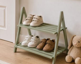 Lightweight Kids Shoe Rack, Portable Wooden Shoe Organizer, Toddler Shoe Stand, Slatted Children Shelf, Easy Move Kids Storage