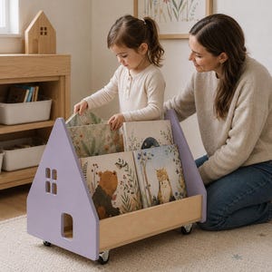 Könnte beinhalten: Ein helllila Bücherregal aus Holz in Hausform mit einem Boden aus Naturholz und vier Rollen. Das Regal enthält mehrere quadratische Bücher mit Illustrationen von einem Bären, einem Fuchs und Blumenmustern sowie Aussparungen für Fenster.