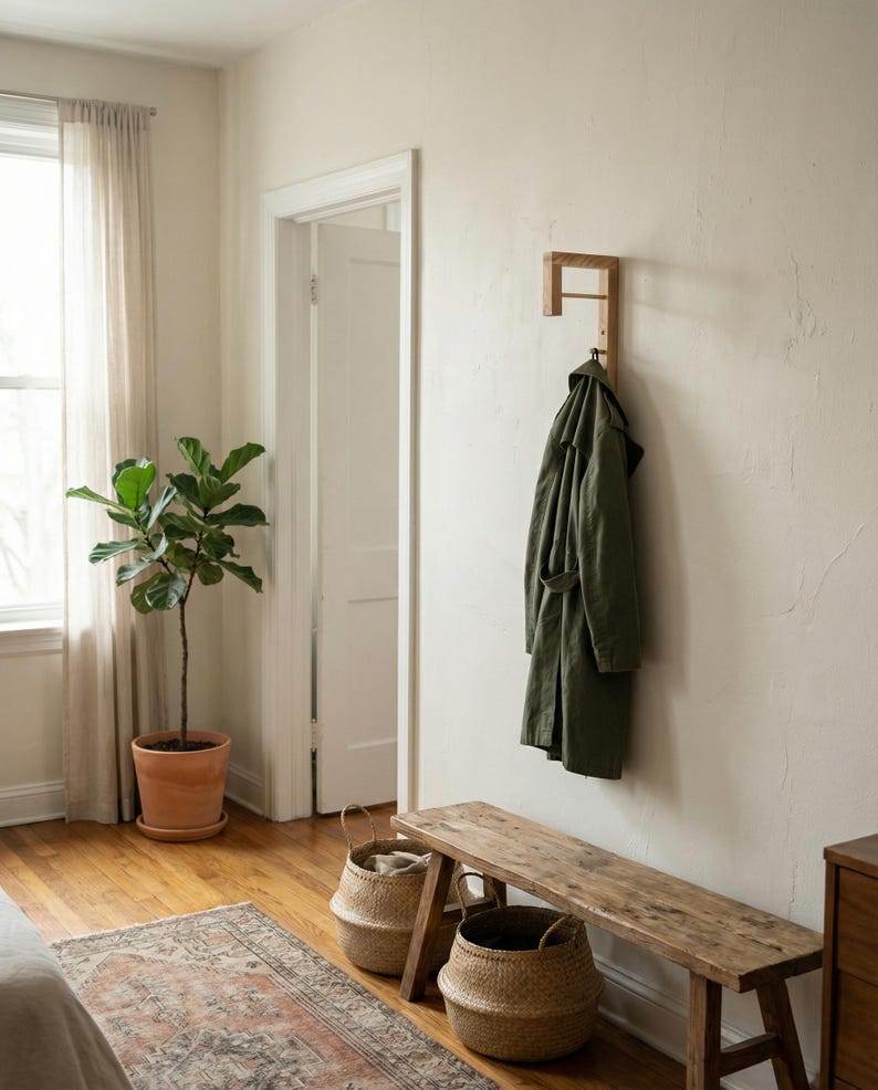 Minimalist Solid Wood Coat Rack, Scandinavian Entryway Hooks for Small Spaces image 4