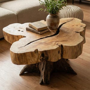 READE to SHIP! 150-Year-Old Cherry Wood Coffee Table – Round Live Edge Slab on Oak Stump Base