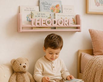 Decoración para habitaciones infantiles, estantería de madera personalizada, estante con nombre personalizado, estante de pared para niños, expositor de libros para guardería.
