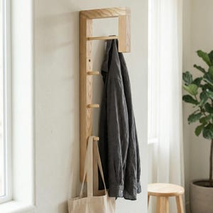 Minimalist Solid Wood Coat Rack, Scandinavian Entryway Hooks for Small Spaces image 3