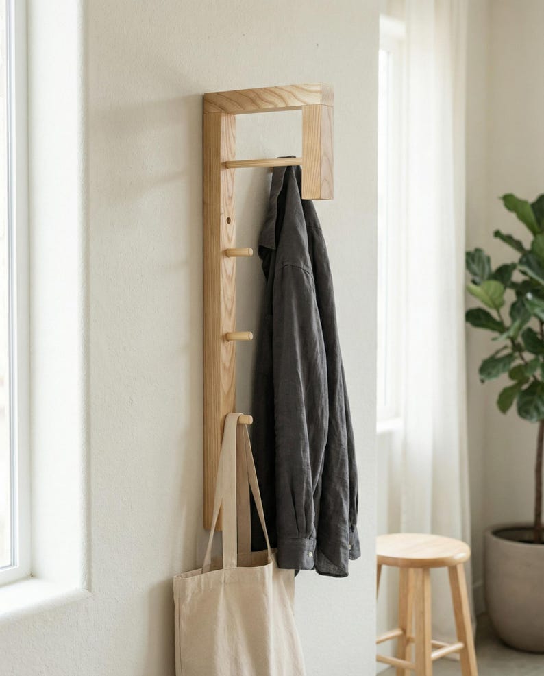 Minimalist Solid Wood Coat Rack, Scandinavian Entryway Hooks for Small Spaces image 3