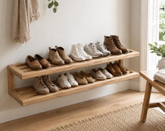 Narrow Shoe Rack, Small Entryway Shoe Storage, Wall Mounted Wooden Shoe Shelf, Floating Hallway Organizer, Solid Wood Rack