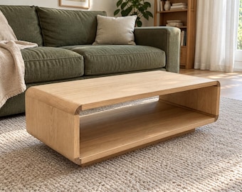 Solid Ash Coffee Table, Low Wooden Table with Open Storage Shelf