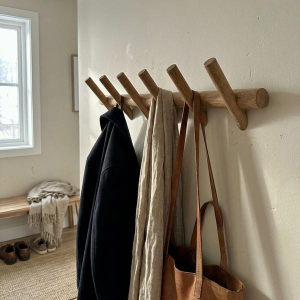 Minimalist Wooden Coat Rack Wall Mounted, Entryway Hook Rack, Solid Wood Mudroom Organizer, Modern Hallway Storage