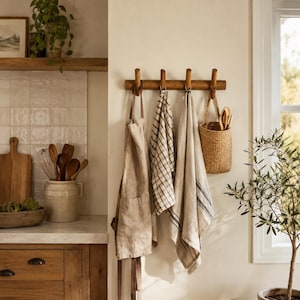 May include: A wooden wall-mounted rack with four pegs holds a beige apron, two kitchen towels, and a woven basket. The towels have checkered and striped patterns. A wooden cutting board, utensils, and a ceramic pot are visible in the background.