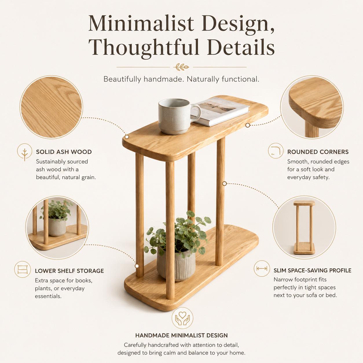 Narrow Side Table, Solid Ash End Table, Slim Sofa Table With Storage ...