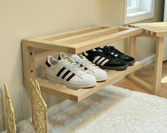 Floating Ash Wall Shoe Rack, Minimalist Entryway Storage Shelf