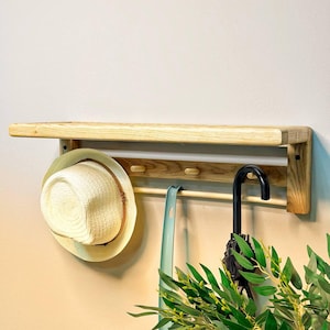 Wood Entryway Shelf with Hooks – Wall Mounted Natural Wood Coat Rack – Handmade Hallway Organizer