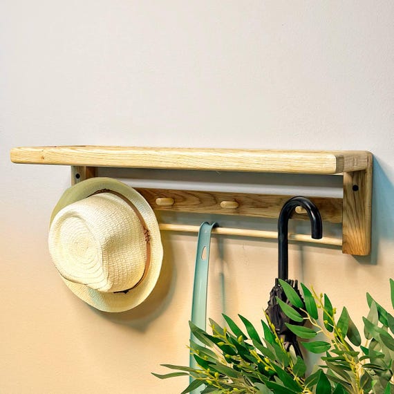 Wood Entryway Shelf With Hooks – Wall Mounted Natural Wood Coat - Main Image