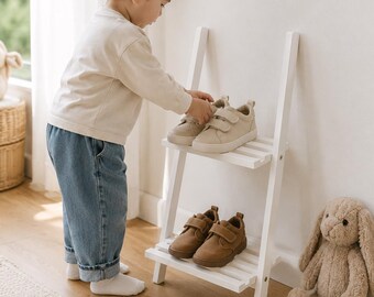 Kids Closet Shoe Rack, Nursery Closet Organizer, Wooden Toddler Shoe Shelf, Small Wardrobe Storage, Pastel Children Shoe Stand
