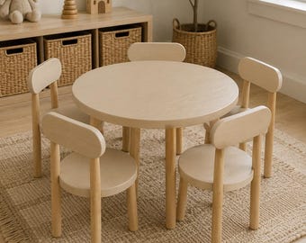 Playroom Table and Chairs Round Wooden Kids Furniture for Drawing Crafts Games