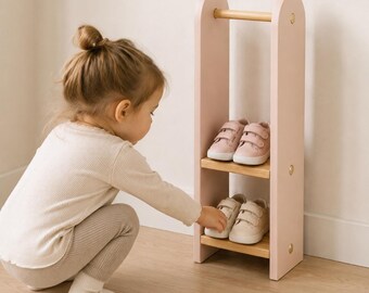 Scandinavian Kids Shoe Rack, Japandi Wooden Shoe Shelf, Minimalist Children Organizer, Pastel Kids Decor, Modern Toddler Storage