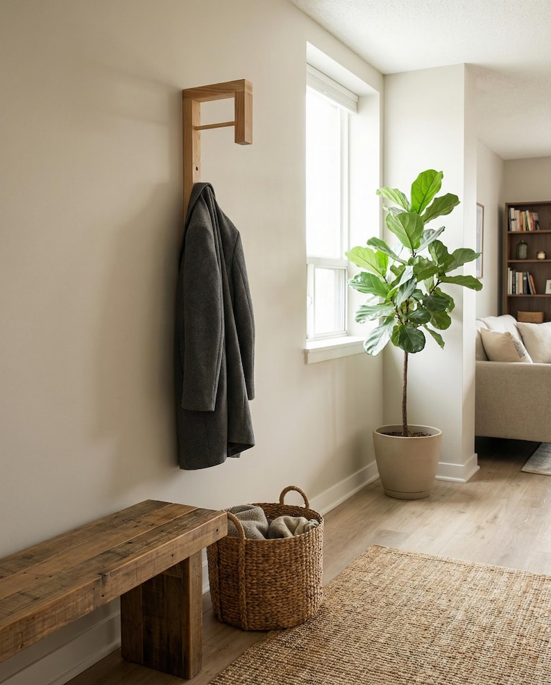 Minimalist Solid Wood Coat Rack, Scandinavian Entryway Hooks for Small Spaces image 6