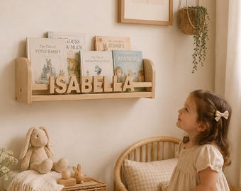 Toddler Book Display Shelf, Personalized Kids Bookshelf, Wooden Wall Book Ledge, Custom Name Shelf for Kids Room