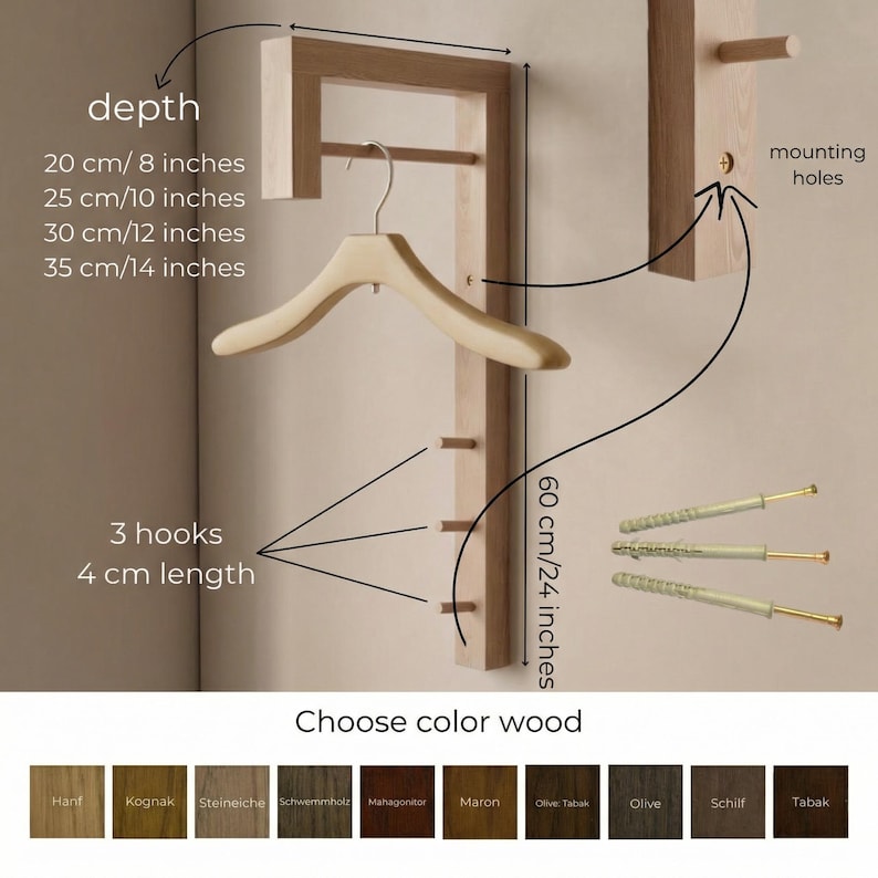Minimalist Solid Wood Coat Rack, Scandinavian Entryway Hooks for Small Spaces image 8