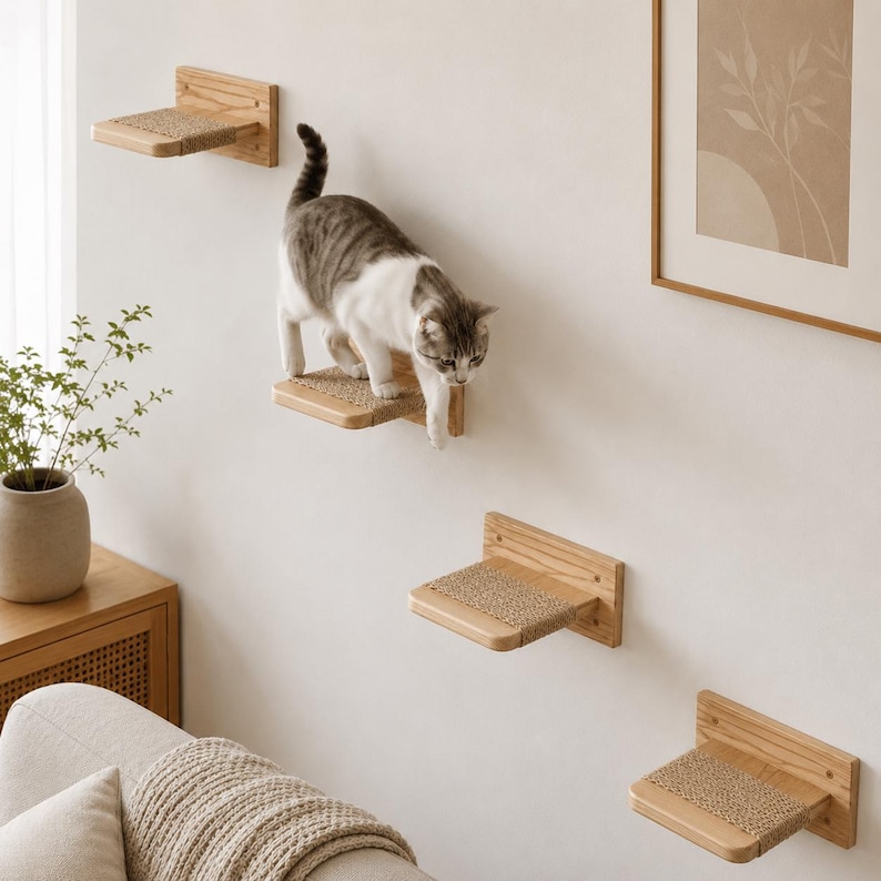 May include: A gray and white cat walks down a series of wooden cat shelves mounted on a white wall. Each shelf has a rectangular sisal scratching surface. The shelves are spaced apart, creating a climbing structure for the cat.