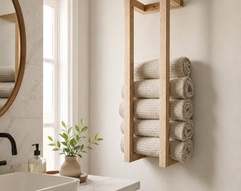 Wooden Bathroom Towel Rack, Wall Mounted Rolled Towel Holder, Natural Wood Towel Storage, Bathroom Organizer Shelf