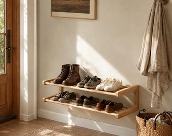 Solid Ash Wood Wall Mounted Shoe Shelf, Floating Entryway Storage Rack