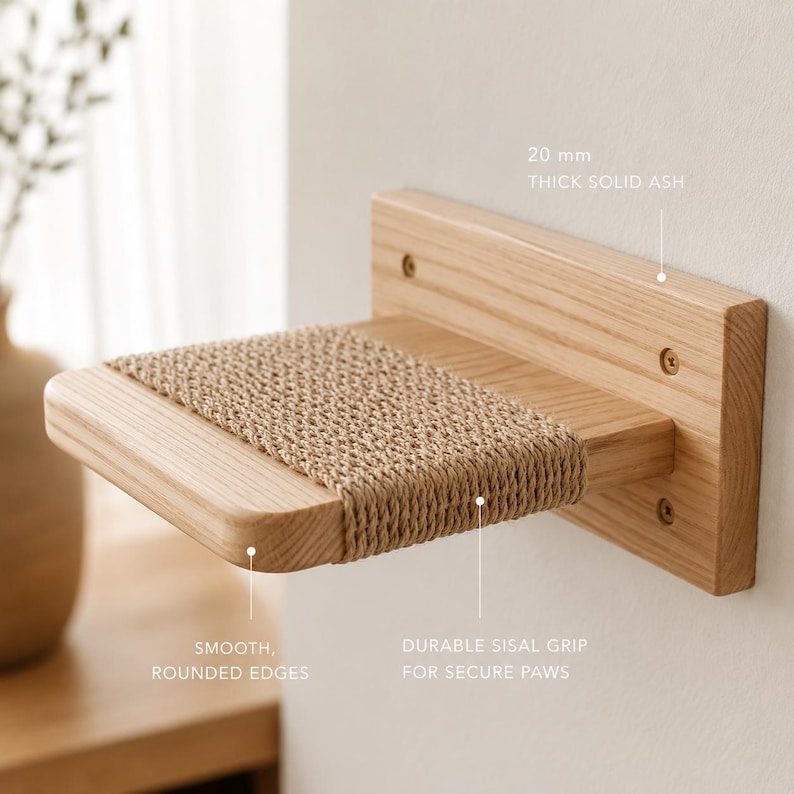 May include: A wall-mounted cat shelf made of light-colored wood with a woven sisal grip surface. The shelf has smooth, rounded edges and is 20 mm thick. The text on the image says "Durable Sisal Grip for Secure Paws."
