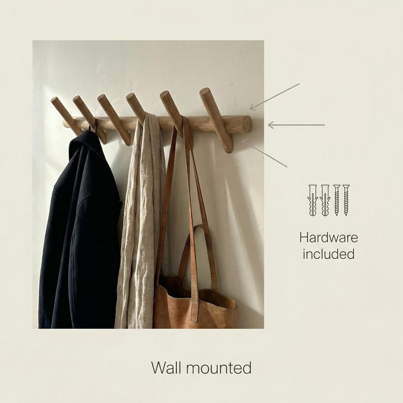 Minimalist Wooden Coat Rack Wall Mounted, Entryway Hook Rack, Solid ...