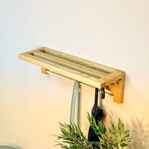 Wood Entryway Shelf with Hooks – Wall Mounted Solid Wood Coat Rack – Handmade Hallway Organizer for Keys, Bags, and Jackets