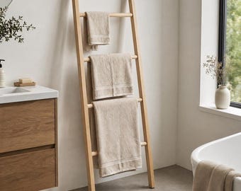 Bathroom Towel Ladder, Solid Ash Wood Rack, Freestanding Spa Storage
