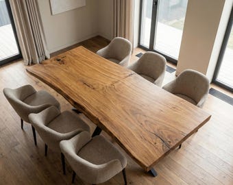 Mesa de comedor personalizada con borde natural, losa de madera maciza, nogal, roble y fresno, muebles hechos a mano.