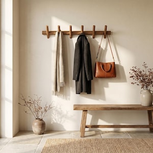 Puede incluir: Un perchero de madera con seis ganchos, que sostiene una bufanda gris, un abrigo negro y un bolso de cuero marrón. También hay un banco de madera y un jarrón con ramas secas, creando una escena de entrada cálida y acogedora.