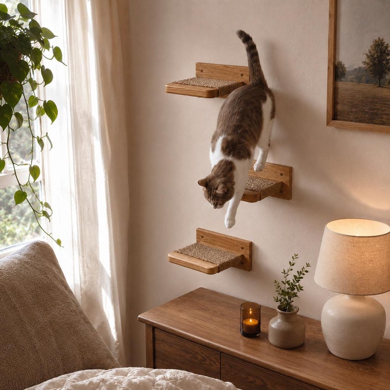 May include: A brown and white cat descending from three wooden wall-mounted cat steps. Each step has a woven sisal pad. The steps are mounted on a beige wall. A lamp, a wooden dresser, and a framed picture are also visible.