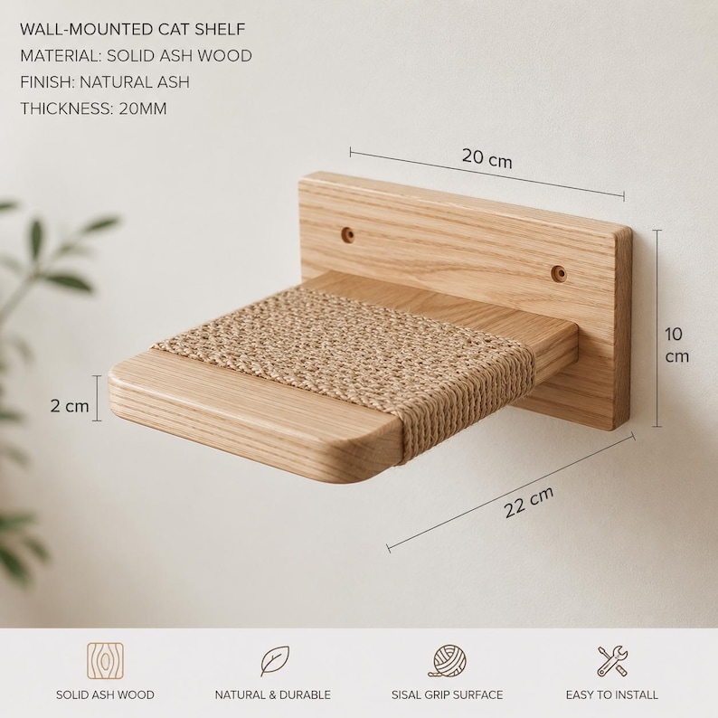 May include: Wall-mounted cat shelf made of solid ash wood with a natural finish. The shelf features a sisal grip surface and measures 22 cm long, 20 cm wide, and 10 cm high, with a thickness of 2 cm. Easy to install.