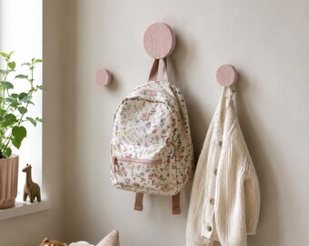 Kids Wall Hooks Set of 3, Wooden Nursery Wall Hooks, Children Coat Hooks, Round Wall Pegs, Pastel Kids Room Decor, Solid Ash Hooks