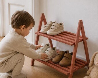 Kids Shoe Stand, Open Shoe Display for Toddlers, Wooden Children Shoe Rack, First Shoes Organizer, Slatted Shoe Shelf for Kids