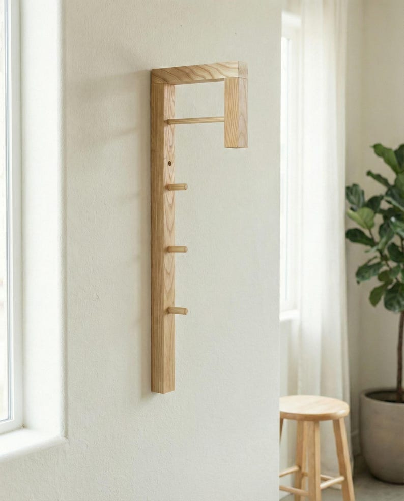 Minimalist Solid Wood Coat Rack, Scandinavian Entryway Hooks for Small Spaces image 1