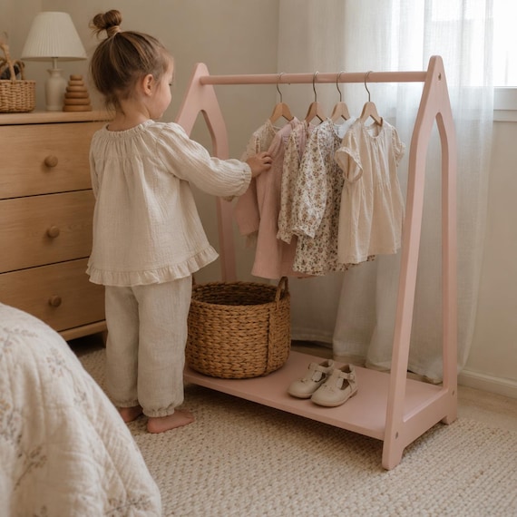 Children's Open Closet, Scandinavian Plywood Clothing Rack for Independent Daily Dressing Routine