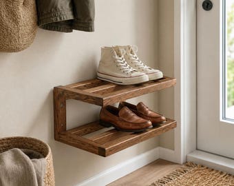 Mudroom Shoe Rack, Wall Mounted Wooden Shoe Shelf, Entryway Boot and Sneaker Organizer, Floating Shoe Storage Rack