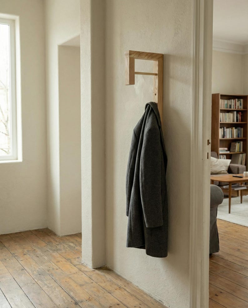 Minimalist Solid Wood Coat Rack, Scandinavian Entryway Hooks for Small Spaces image 7
