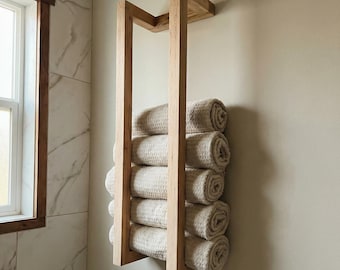 Houten handdoekladder, wandmontage, badkamerhanddoekenrek, massief houten handdoekhouder, moderne badkameropslag, minimalistisch decor