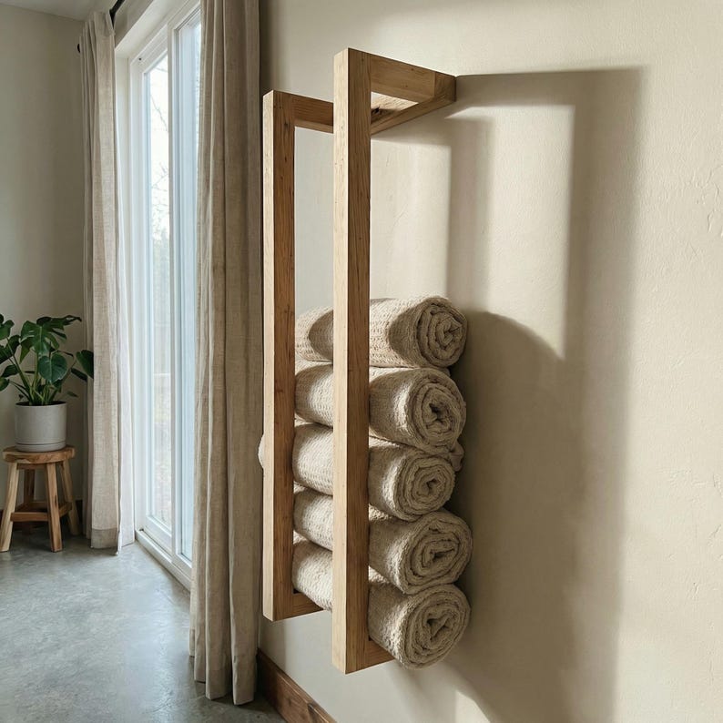 Wooden Towel Ladder Wall Mounted, Bathroom Towel Rack, Solid Wood Towel Holder, Modern Bathroom Storage, Minimalist Decor image 9
