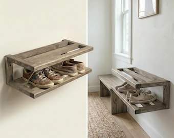 Wall Mounted Wooden Shoe Rack Minimalist Entryway Shelf Handmade Custom Solid Wood Organizer